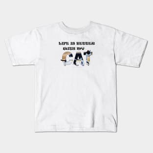 Life is better with my cat - black and white cat oil painting word art Kids T-Shirt